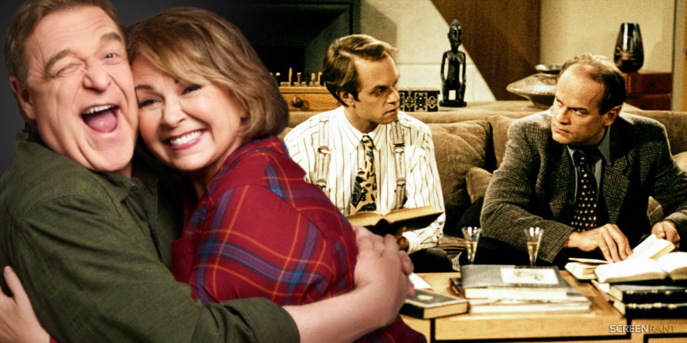 Dan and Roseanne hugging and Niles with Frasier having a discussion images combined