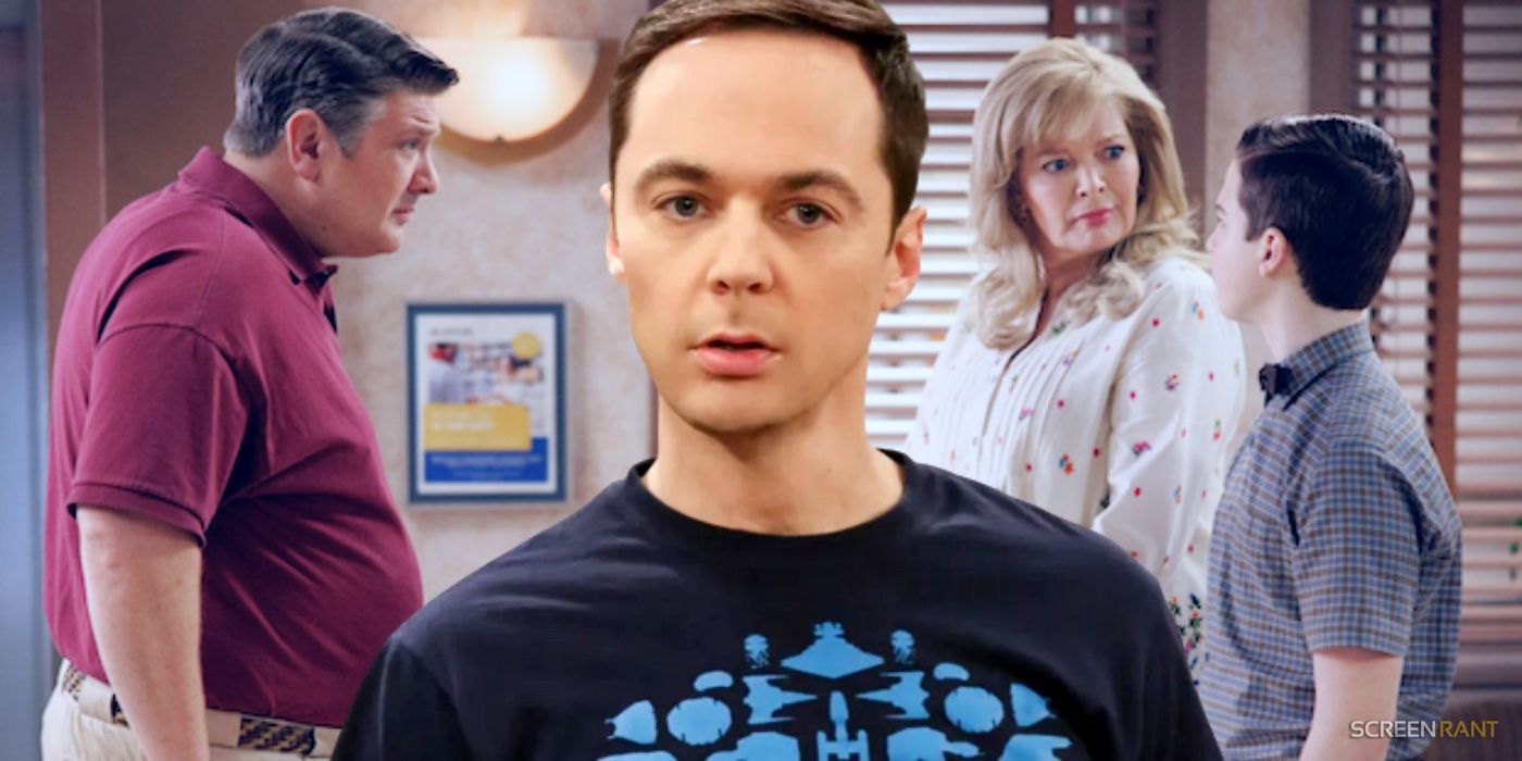 George, Brenda and Young Sheldon in hospital for Mandy's labor and adult Sheldon from The Big Bang Theory