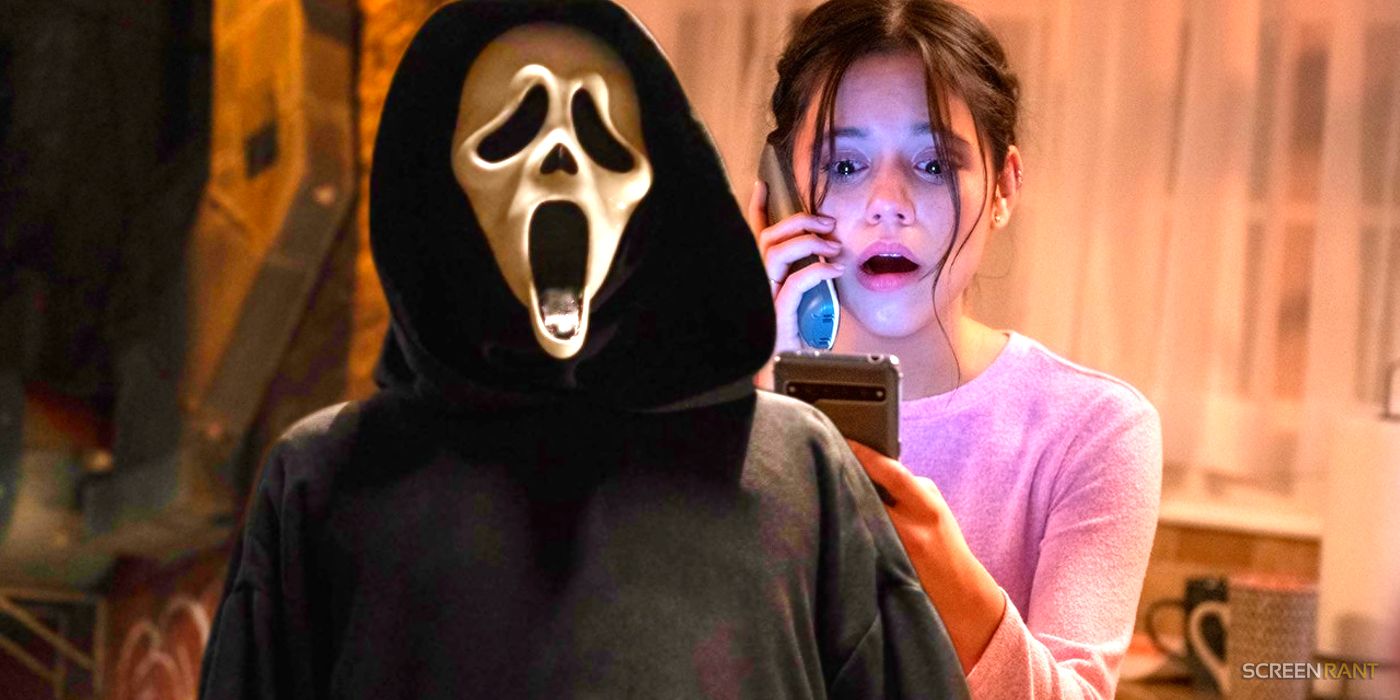 A blended image of Ghostface in Scream 6 and Jenna Ortega as Tara in Scream 5