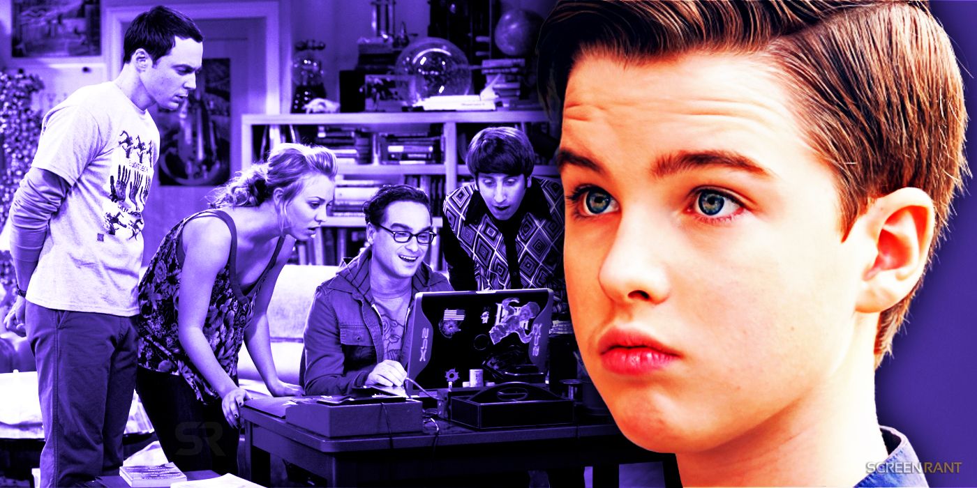Sheldon en Young Sheldon con una toma de la pandilla de Pasadena en The Big Bang Theory
