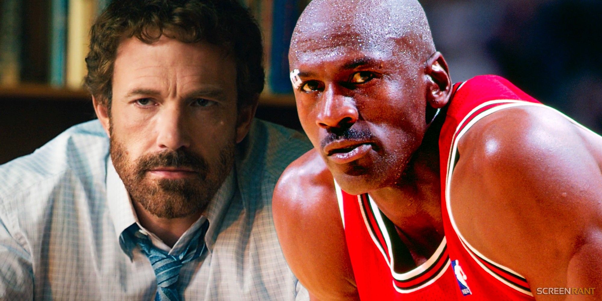 Blended image of Ben Affleck in the movie as a head of Nike's basketball division and Michael Jordan