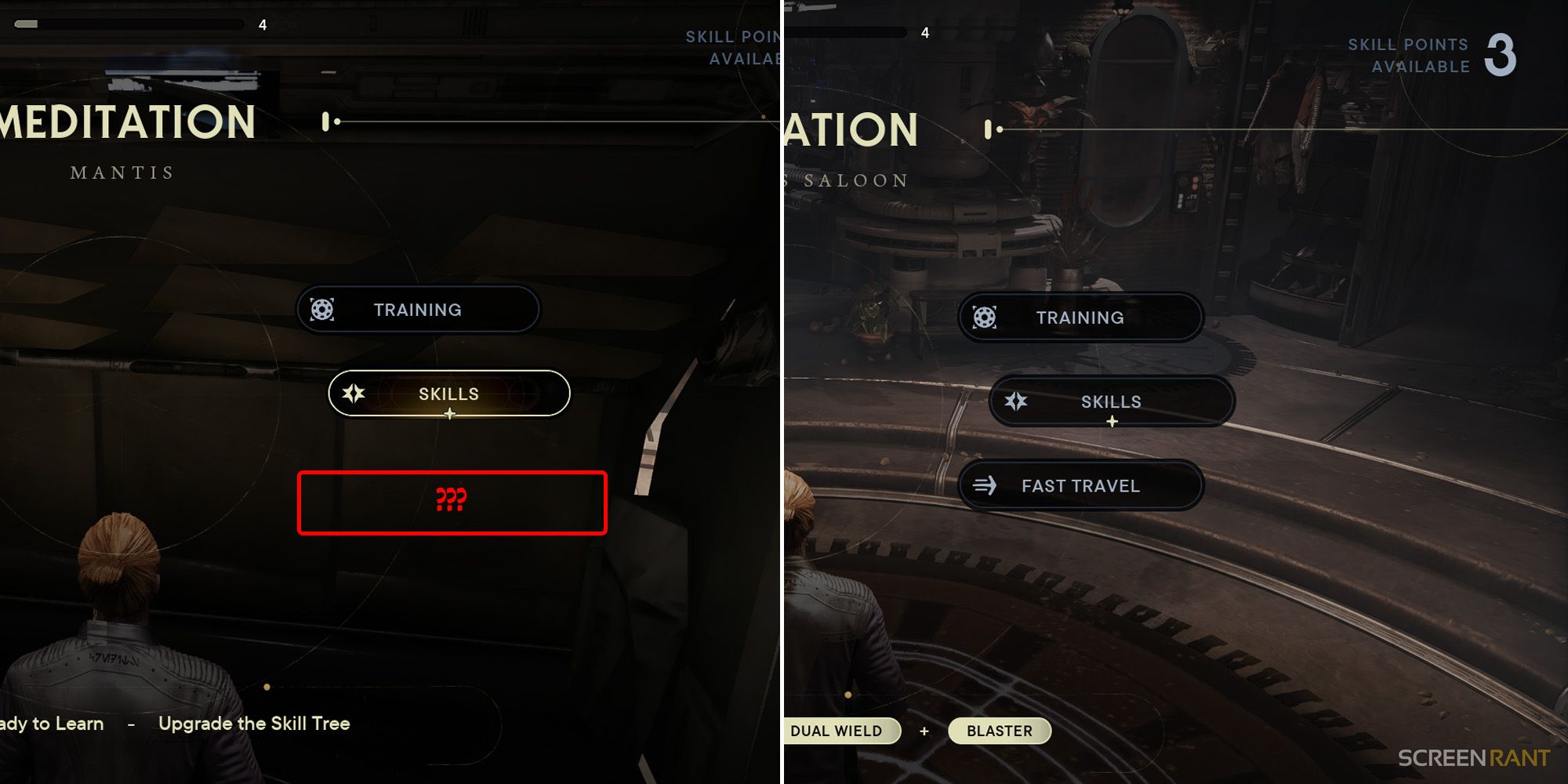 2 screenshots of star wars jedi survivor left: missing fast travel option from mantis, right: fast travel option avaialble