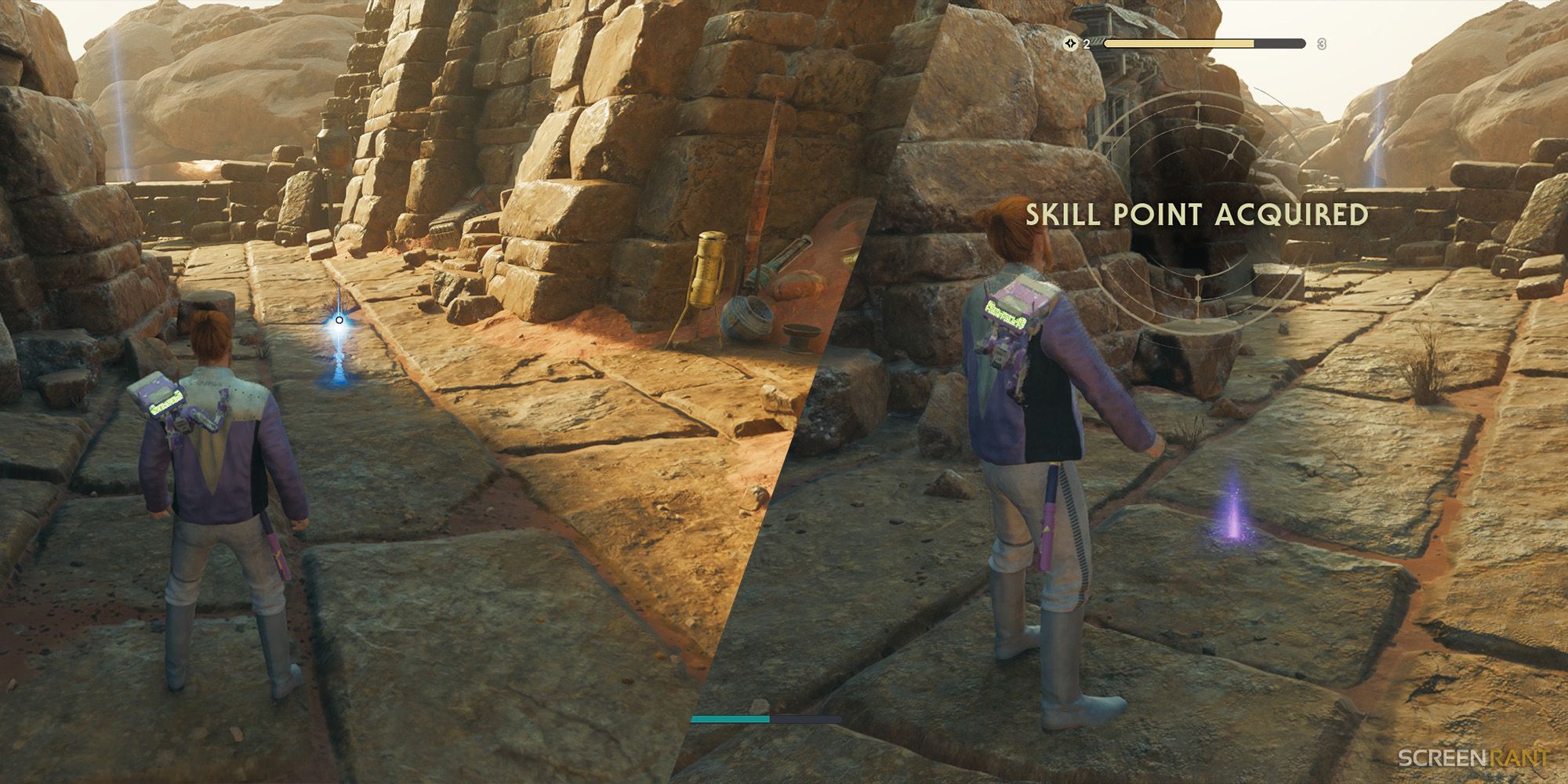 screenshot: left: player approaching an unobtained blue force essence, right: skill point acquired notification in star wars jedi survivor