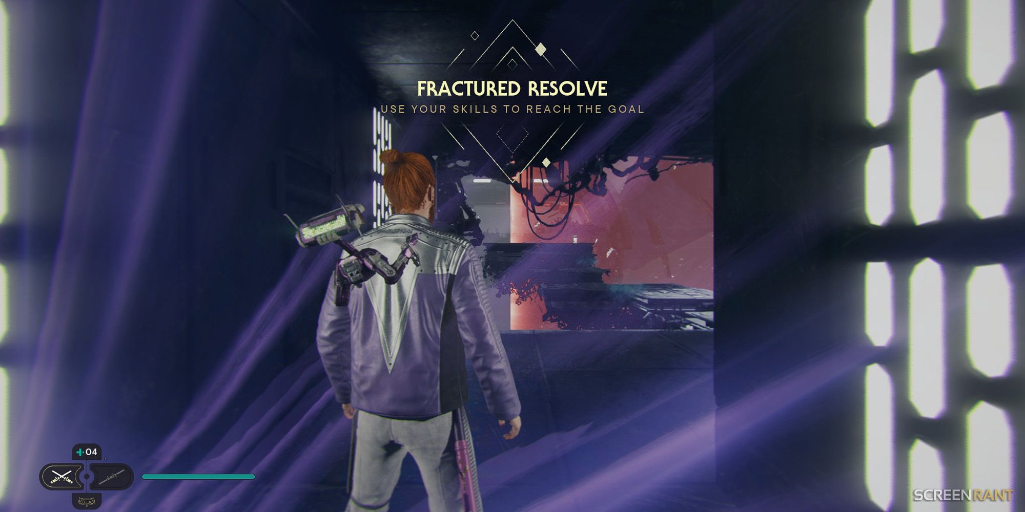 screenshot of cal kestis inside the fractured resolve force tear, platforms and awaiting failure, in star wars jedi survivor