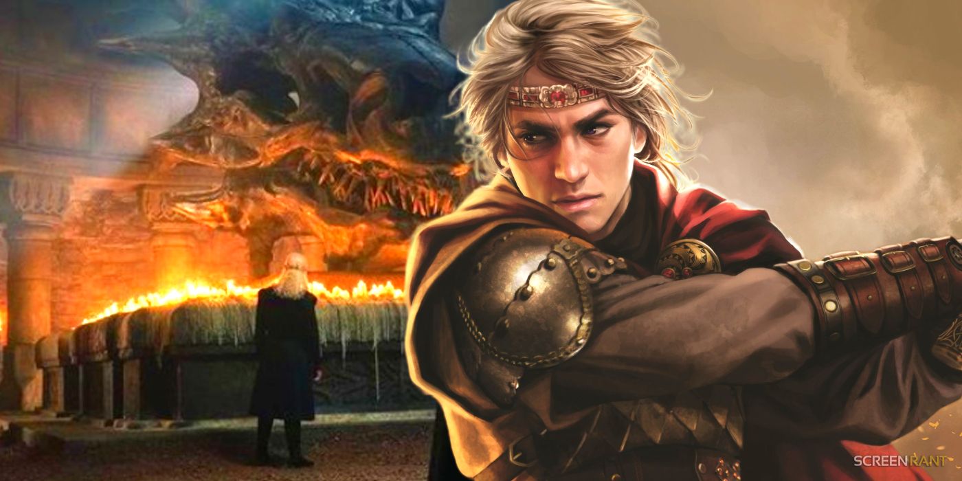 Viserys and Balerion skull in House of the Dragon and Aegon the Conqueror in The World of Ice and Fire