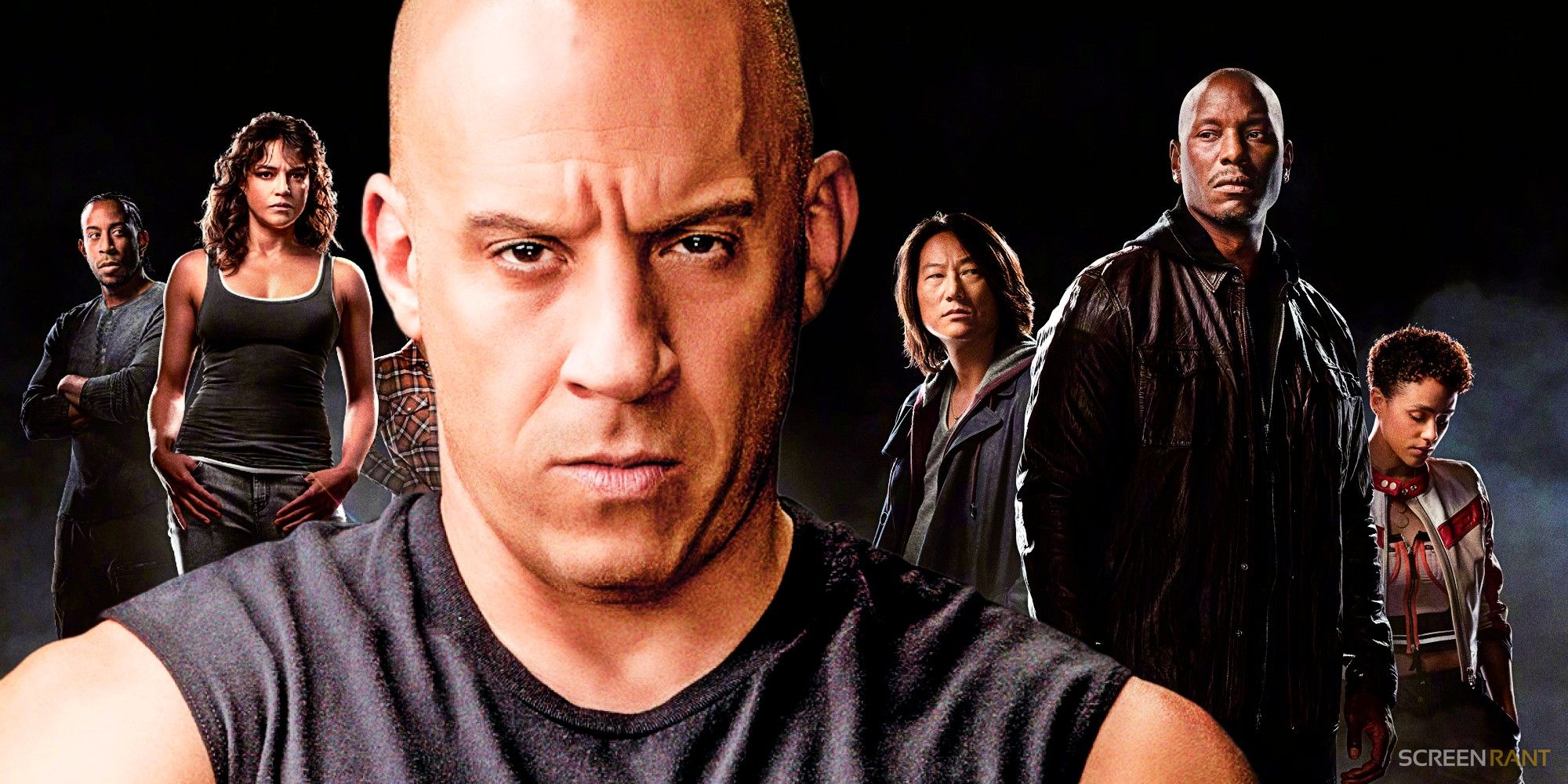A blended image features Vin Diesel as Dom laid over other Fast & Furious franchise cast members