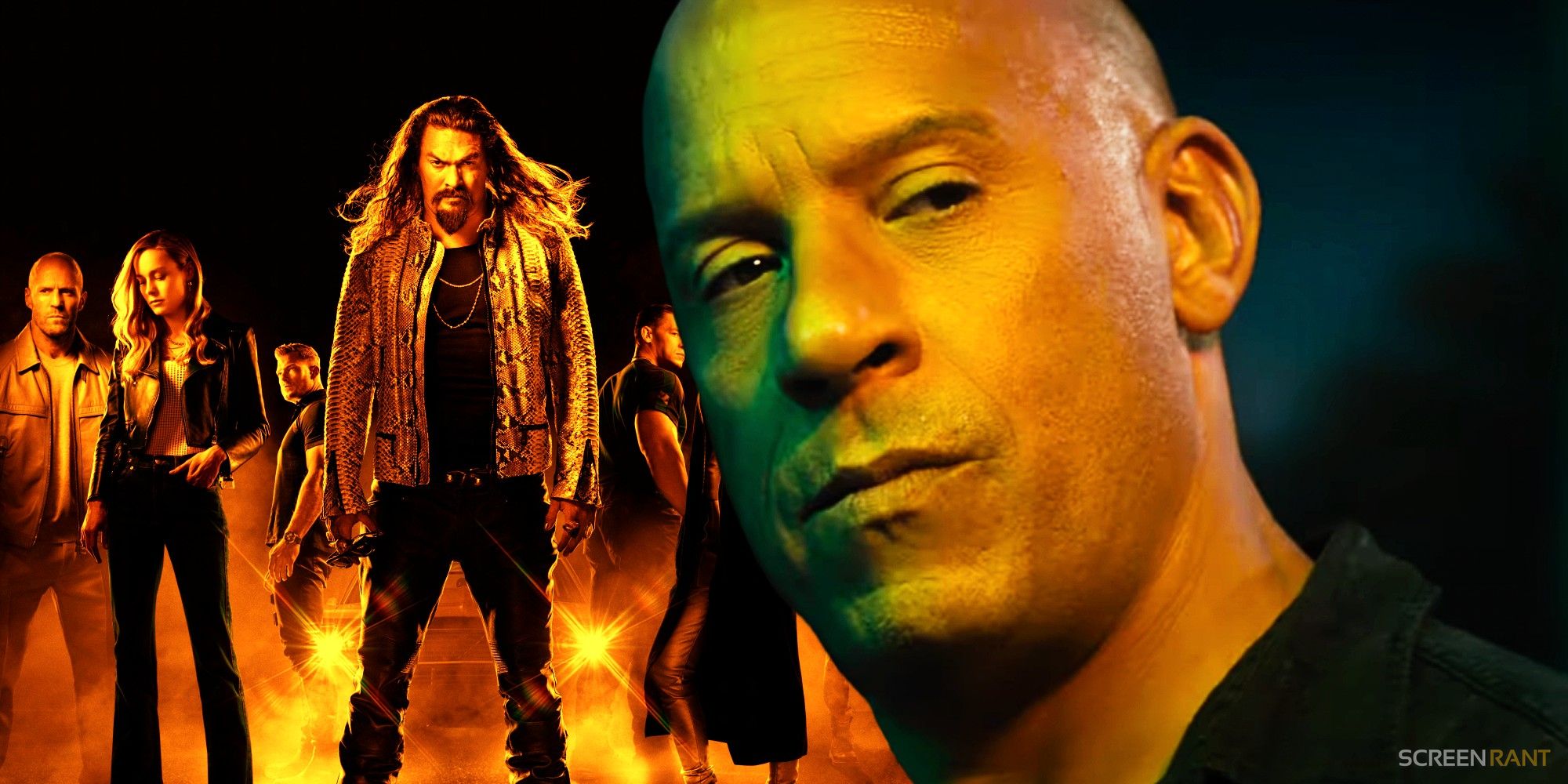 A composite image features a closeup of Vin Diesel as Dom in the Fast and Furious franchise over the cast of Fast X