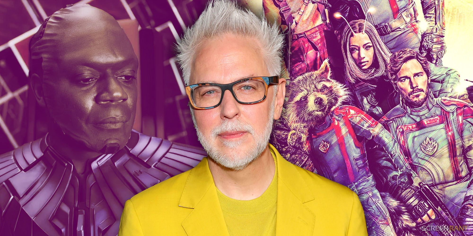 Montage of the High Evolutionary, James Gunn at the center, and the Guardians team from the third movie in their new suits.