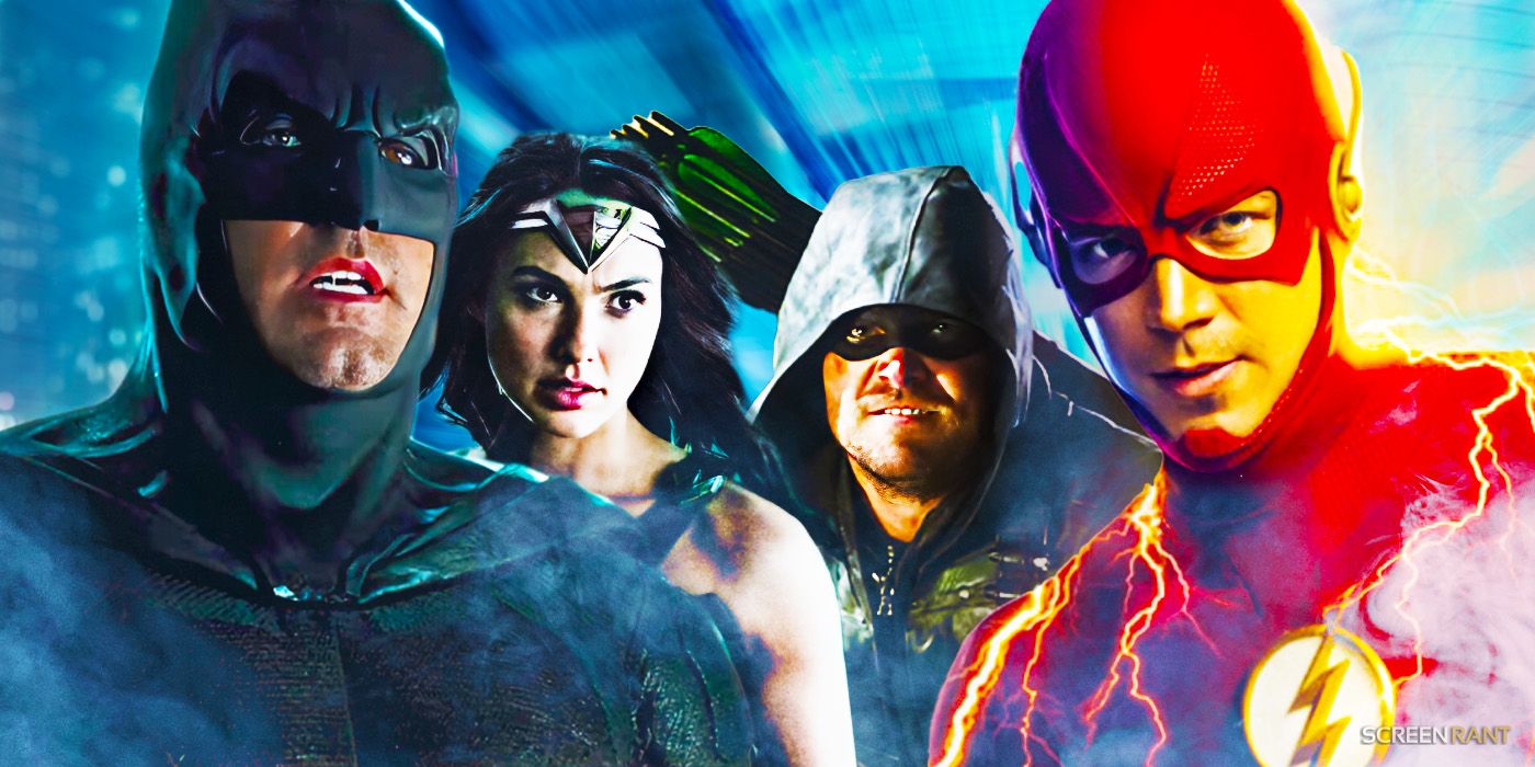 Custom image of DCEU Batman and Wonder Woman and the Arrowverse's Green Arrow and The Flash.