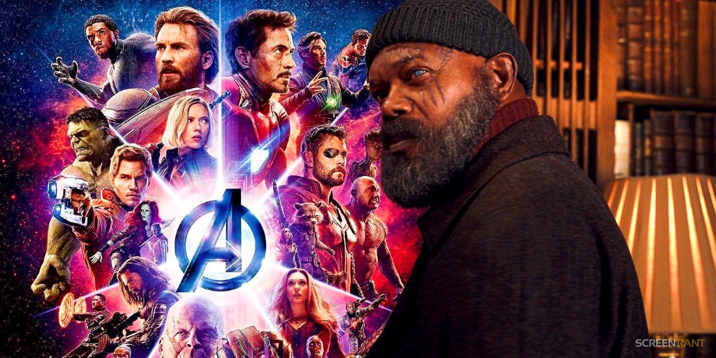 Samuel L. Jackson as Nick Fury in Secret Invasion and the Avengers in an Avengers: Infinity War poster.