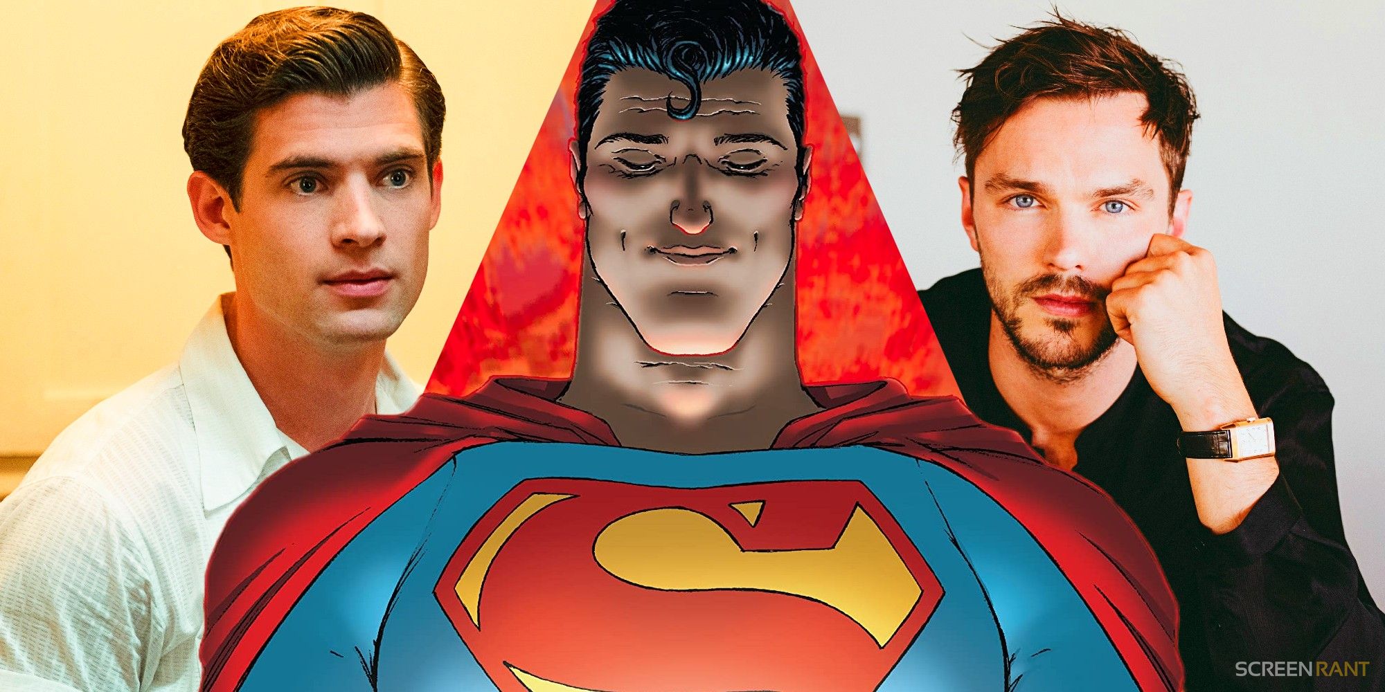 Montage of Superman: Legacy frontrunners David Corenswet and Nicholas Hoult at each side of a Superman from the comics.