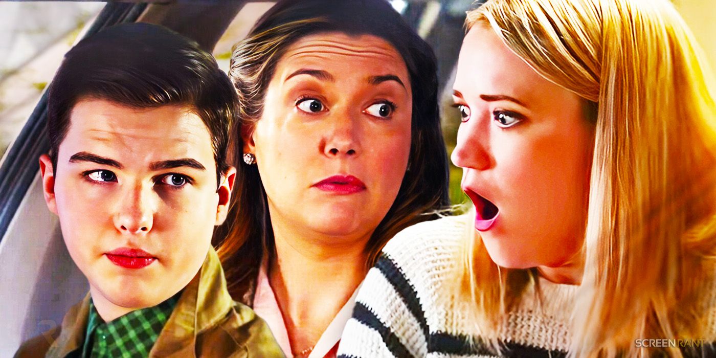 Blended image of Sheldon Cooper (Iain Armitage), Mary Cooper (Zoe Perry), and Mandy (Emily Osment) in Young Sheldon season 6