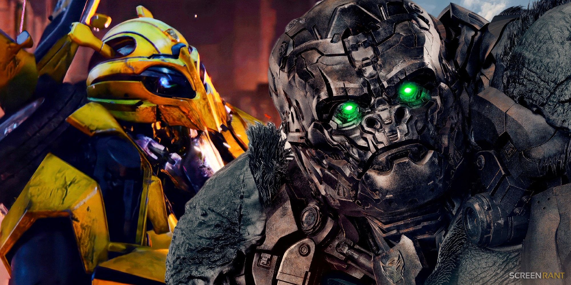 A blended image features Bumblebee's death in Transformers: Rise of the Beasts and Optimus Primal