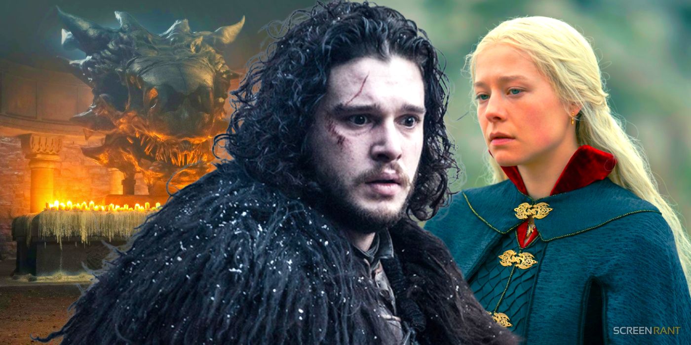 Jon Snow in Game of Thrones with Rhaenyra Targaryen and Balerion the Black Dread in House of the Dragon