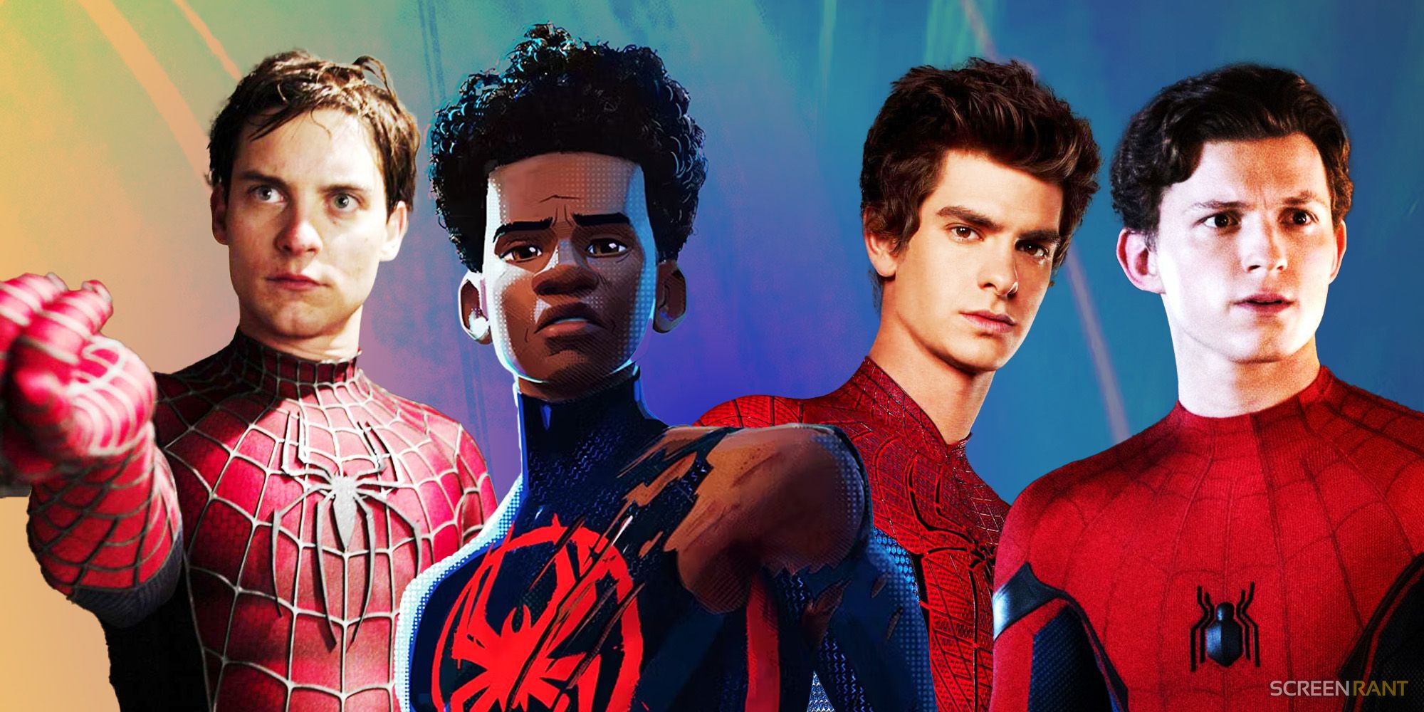 Custom image of Tobey Maguire, Spider-Verse Miles Morales, Andrew Garfield, and Tom Holland's versions of Spider-Man. 