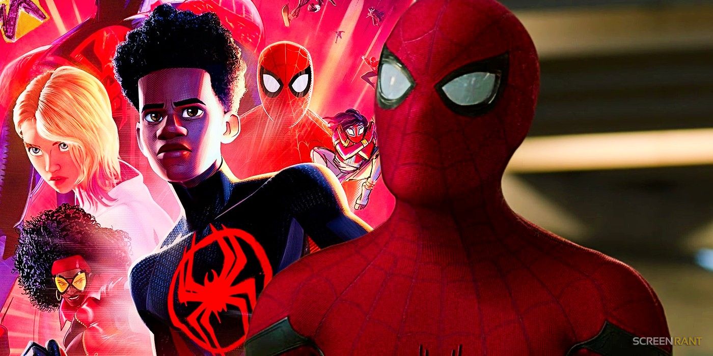 Across the Spider-Verse poster and a still from from Spider-Man Far From Home
