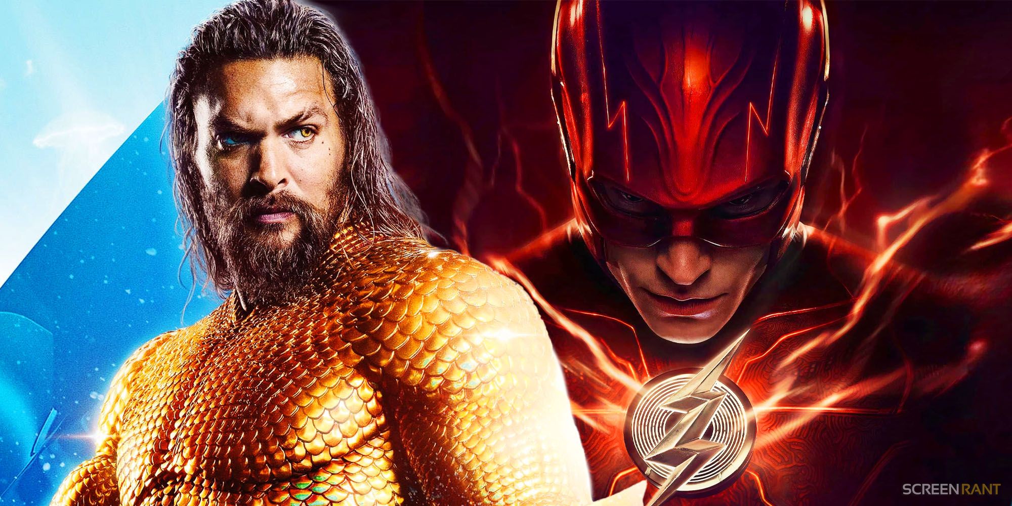Custom image of Jason Momoa's Aquaman in his classic suit and Ezra Miller's The Flash looking down in a poster from his solo film.