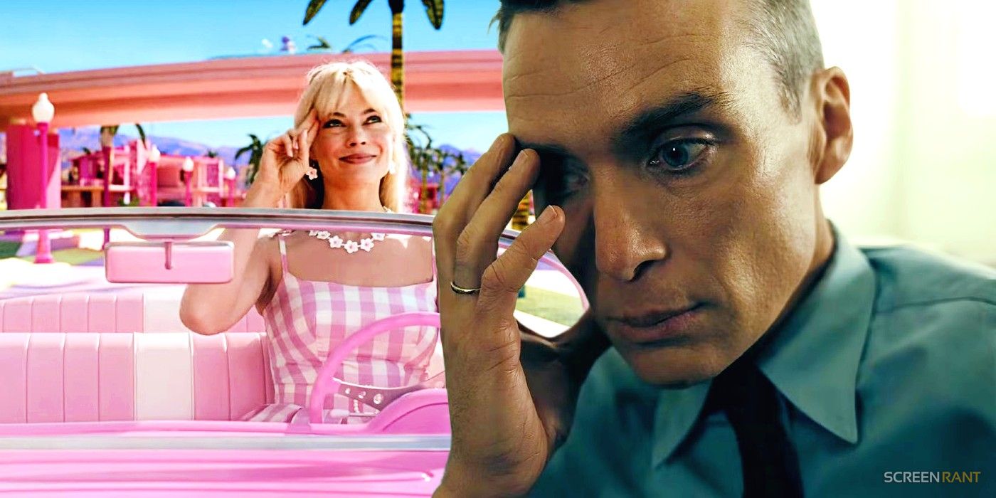 Margot Robbie as Barbie driving a car combined with Cillian Murphy as Oppenheimer