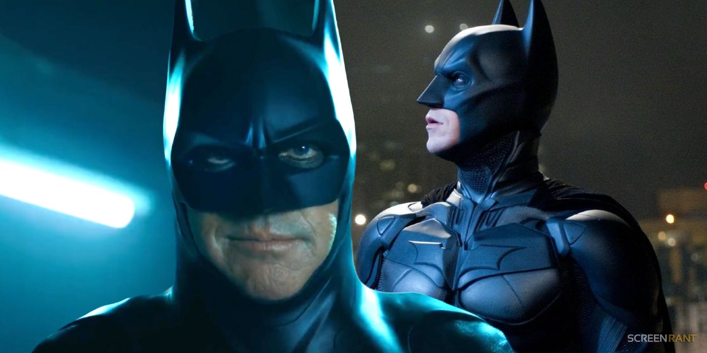 Michael Keaton as Batman in The Flash and Christian Bale as Batman in The Dark Knight Rises