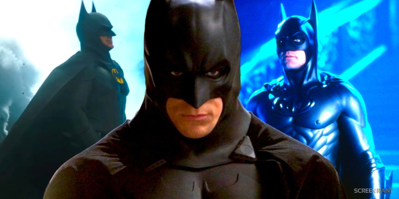 Michael Keaton as Batman in The Flash movie, George Clooney in Batman & Robin, and Christian Bale in The Dark Knight(1)