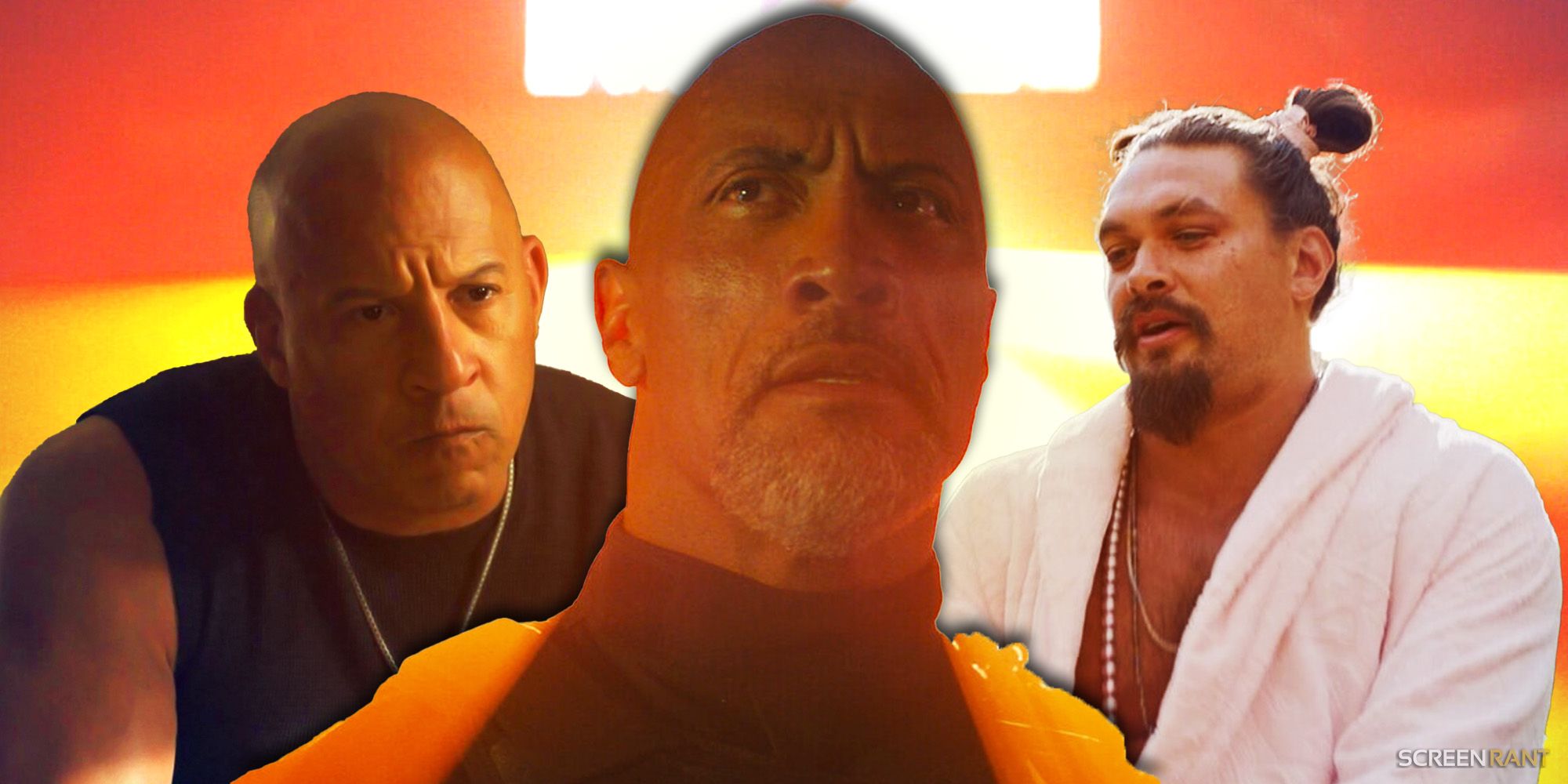 The Rock as Hobbs, Vin Diesel as Dom, and Jason Momoa as Dante in Fast X