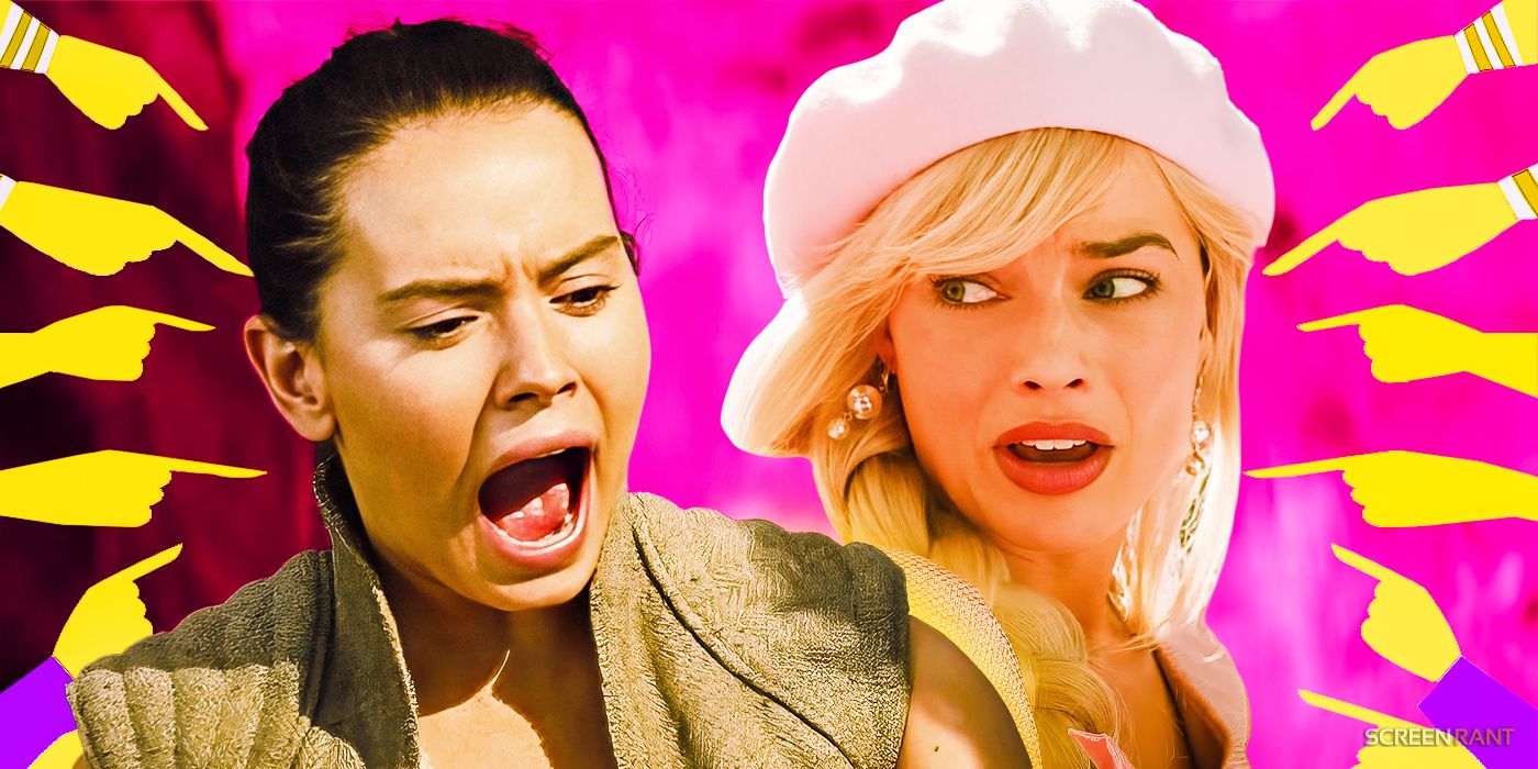 Daisy Ridley as Rey in Star Wars The Last Jedi and Margot Robbie in Barbie