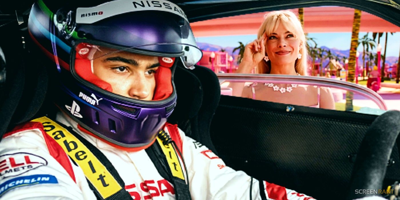 Race car driver in Gran Turismo juxtaposed with Barbie driving her car