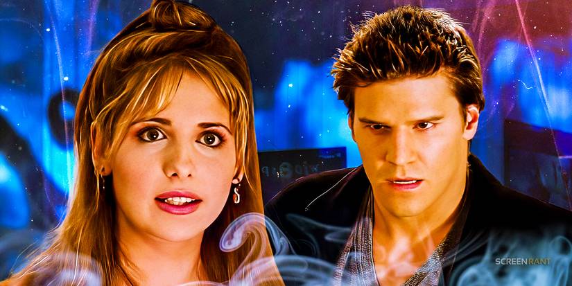 Sarah Michelle Gellar as Buffy and David Boreanaz as Angel
