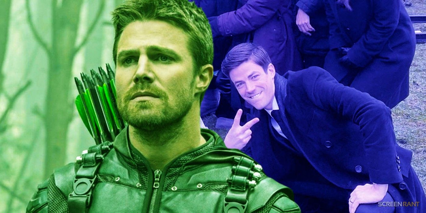 Stephen Amell in Arrow and The Flash Grant Gustin By Oliver Queen's Grave Meme Composite
