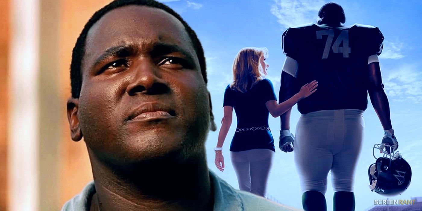 Close up of Quinton Aaron as Michael Oher looking up composited with The Blind Side movie poster