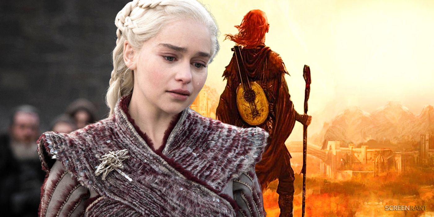 Emilia Clarke as Daenerys Targaryen in Game of Thrones, with The Kingkiller Chronicle art