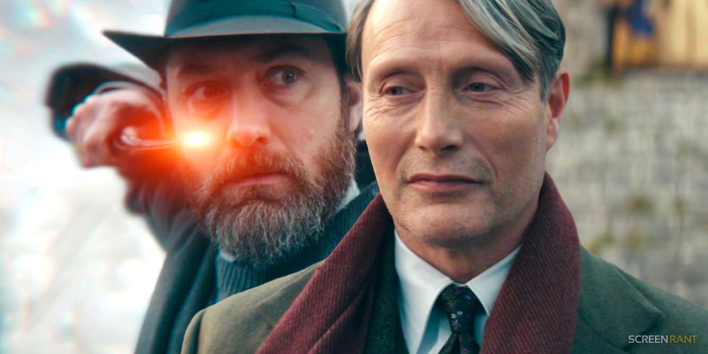 Jude Law as Albus Dumbledore and Mads Mikkelsen as Gellert Grindelwald in Fantastic Beasts The Secrets of Dumbledore