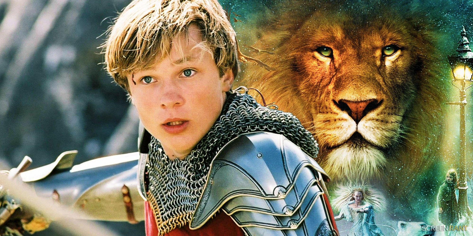 Peter Pevensie with a sword and Aslan in The Chronicles of Narnia: The Lion, the Witch and the Wardrobe