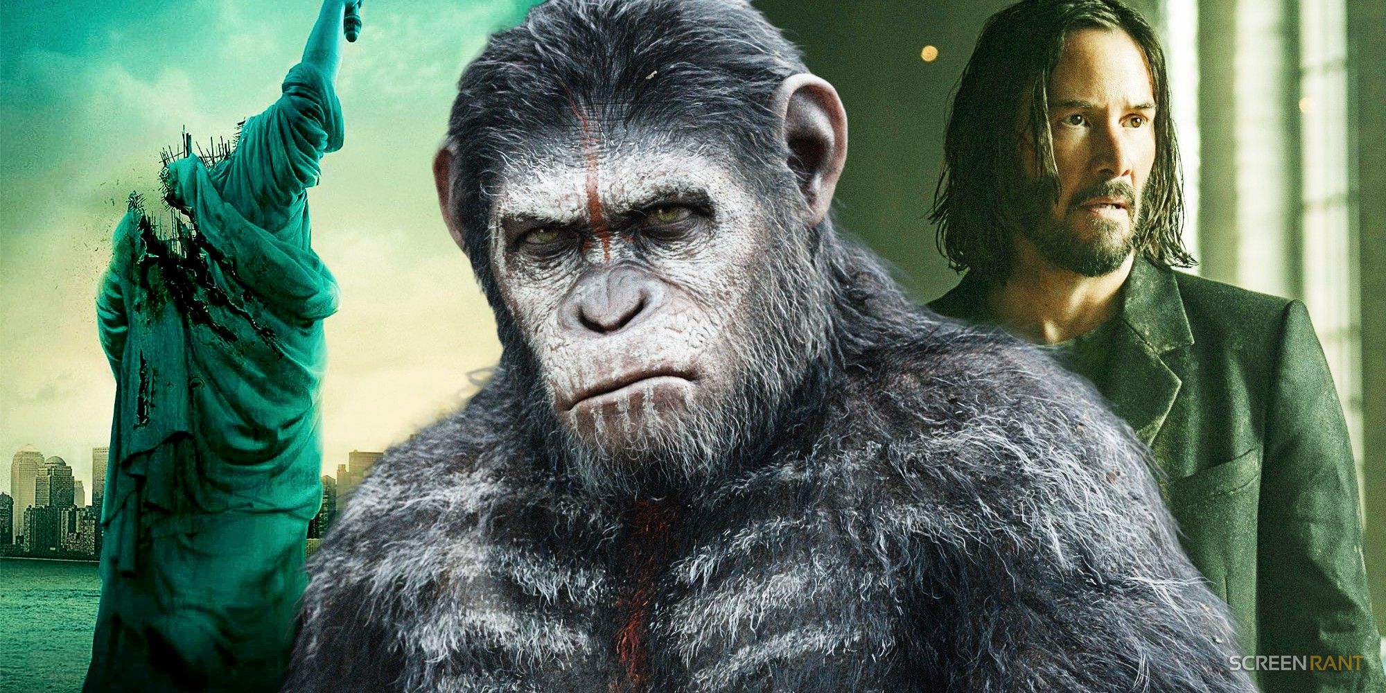 Statue of Liberty in Cloverfield, Caesar in Dawn of the Planet of the Apes, and Neo in The Matrix Resurrections