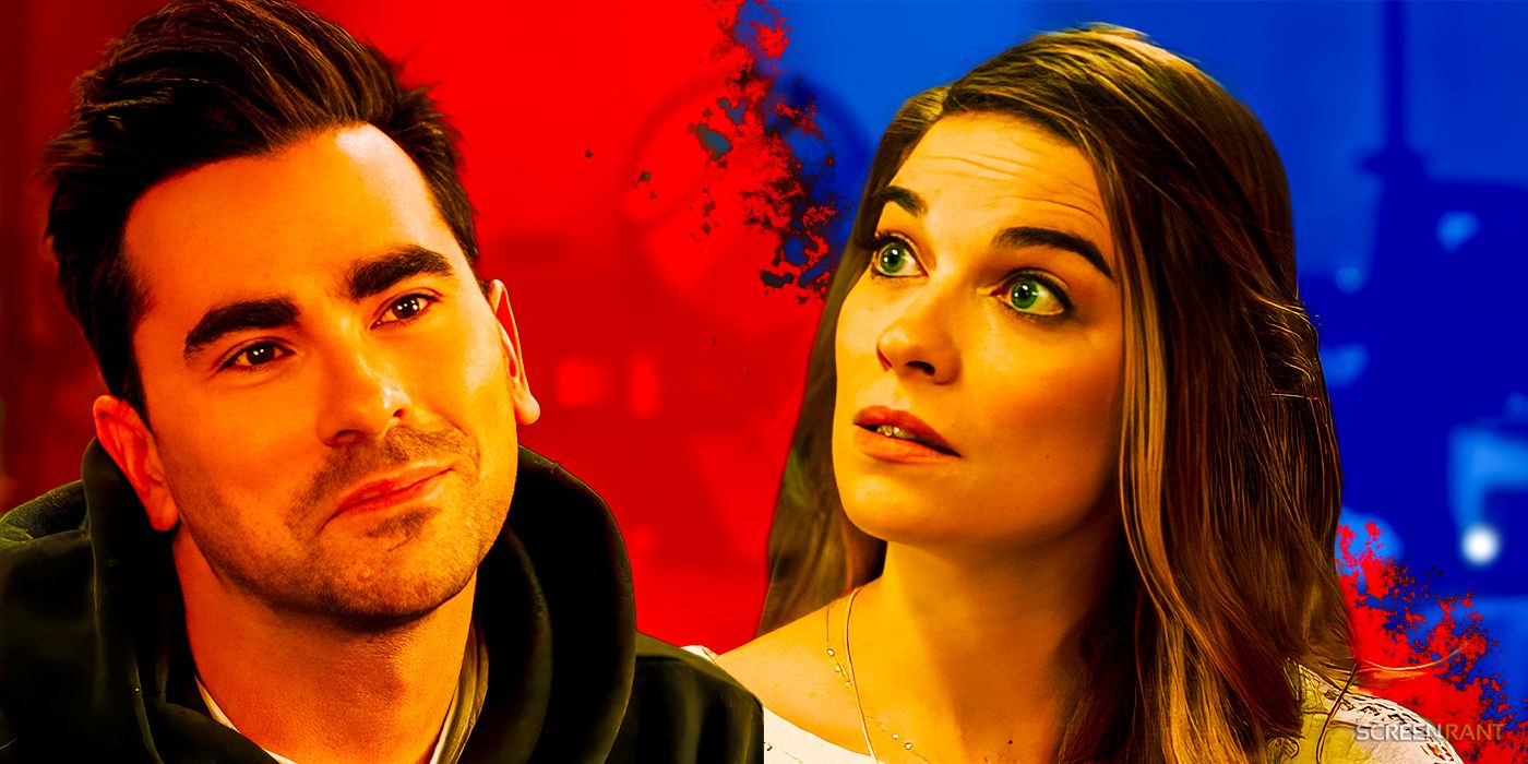 Dan Levy as David Rose and Annie Murphy as Alexis in Schitt's Creek witha. red and blue background