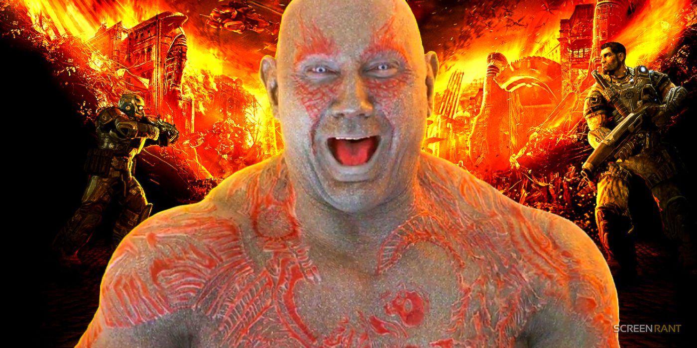 Dave Bautista laughing as Drax in Guardians of the Galaxy 2 over an image from Gears of War