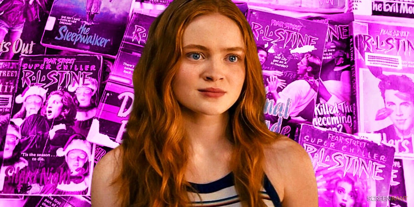 Custom image of Sadie Sink in Fear Street 2 standing in front of a collage of RL Stine books