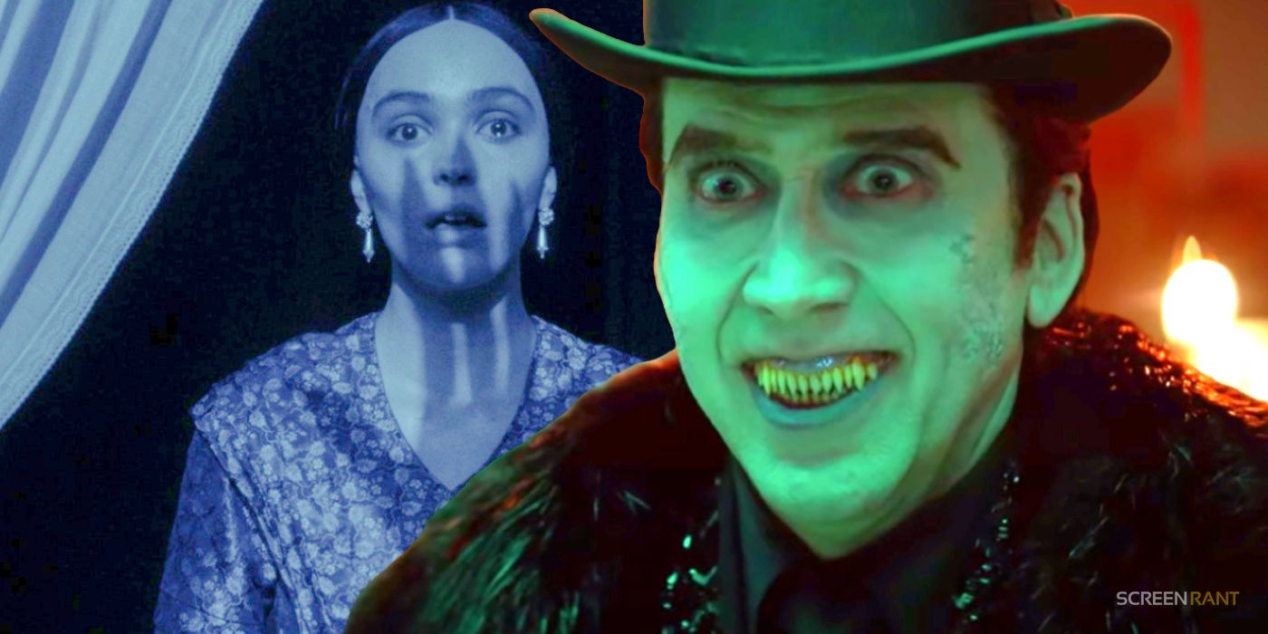 Lily-Rose Depp in Nosferatu with the shadow of the vampire&rsquo;s hand over over, and Nicolas Cage smiling as Dracula in Renfield