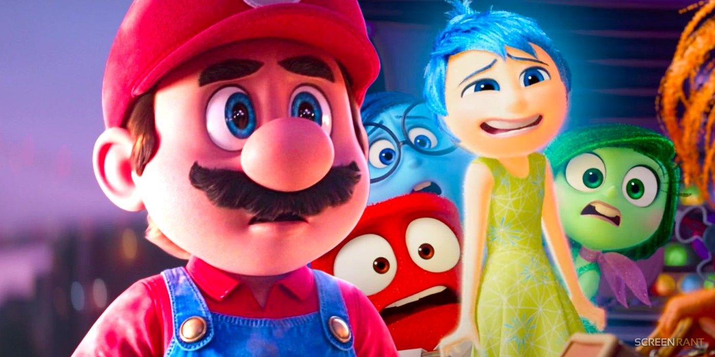 Mario in The Super Mario Bros. Movie looking surprised and Joy and the emotions scared in Inside Out 2