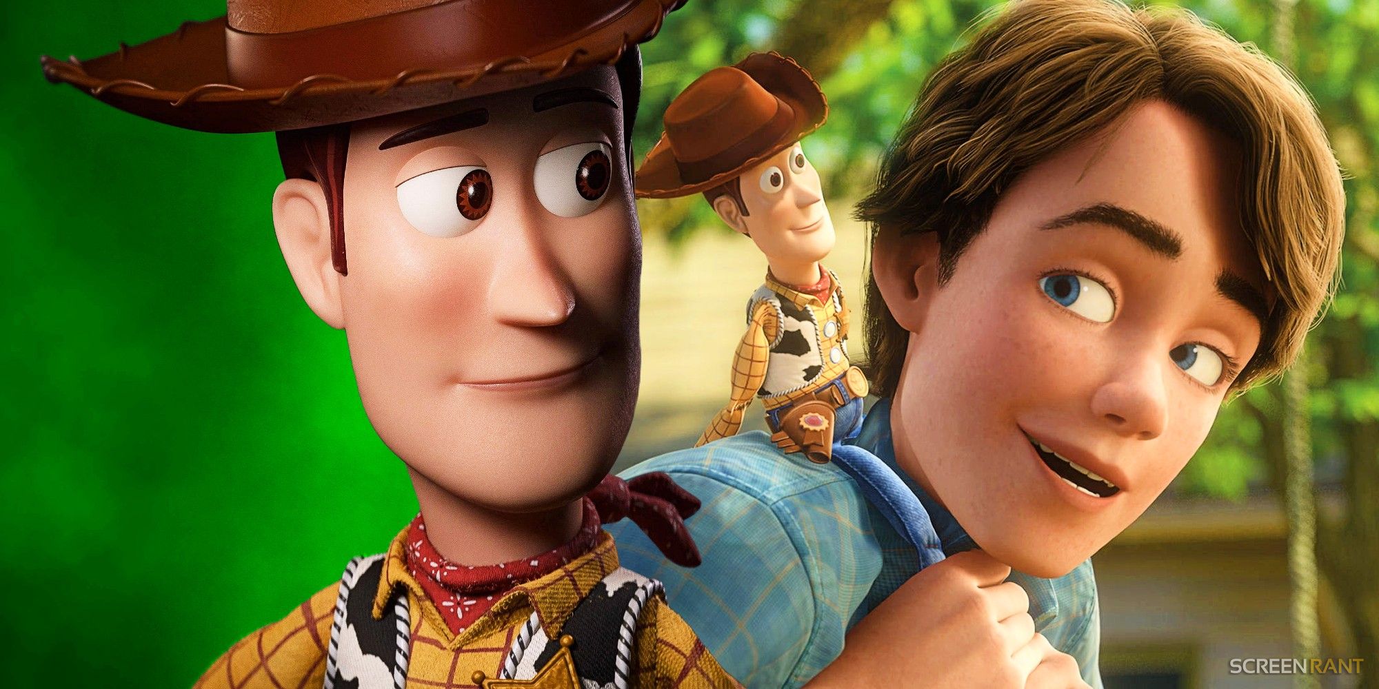 Woody from Toy Story 4 and Andy carrying Woody in Toy Story 3