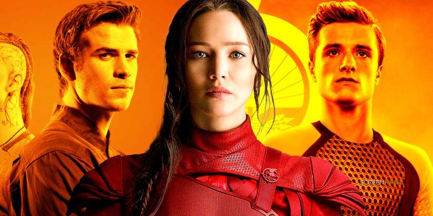 Collage of Gale (Liam Hemsworth), Katniss (Jennifer Lawrence), and Peeta (Josh Hutcherson) in The Hunger Games