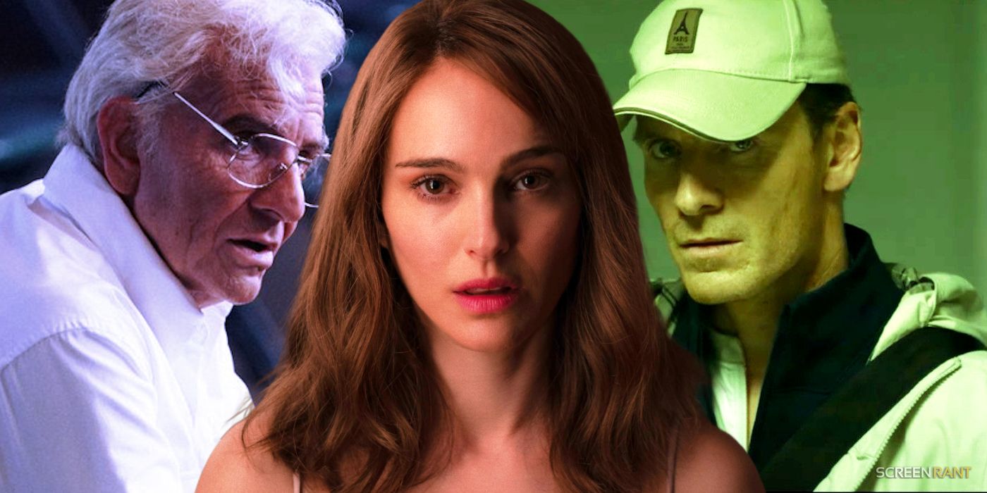 Bradley Cooper with a white shirt and white hair as older Leonard Bernstein in Maestro, David Fincher wearing a baseball cap in the Killer, and Natalie Portman staring at the camera in May December