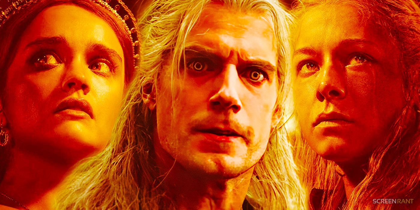 Close-up of Henry Cavill as Geralt of Rivia looking angry in The Witcher, in-between House of the Dragon season 2 posters showing Olivia Cooke as Alicent Hightower and Emma D'Arcy as Rhaenyra Targaryen
