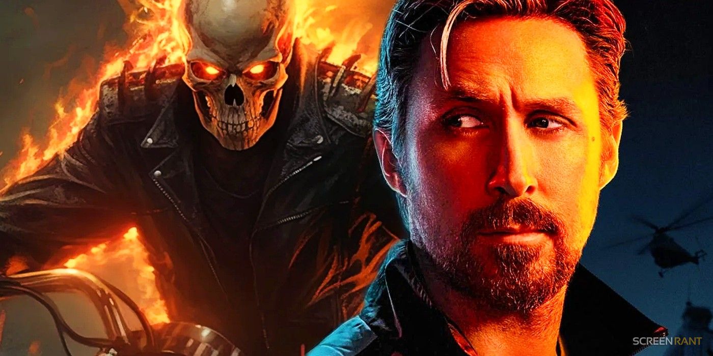 Comic book art of Ghost Rider on his motorcycle and Ryan Gosling looking sideways under an orange light in The Gray Man poster