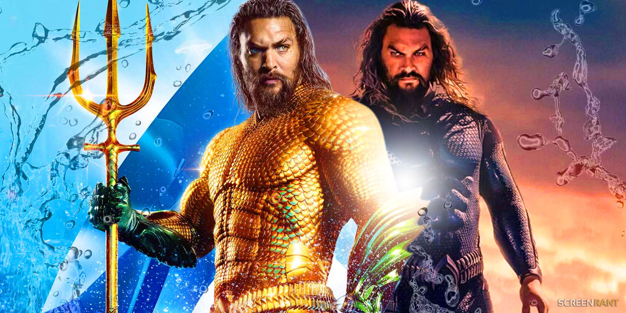 Composite of Jason Momoa As Aquaman In Gold And Green Suit With Jason Momoa As Aquaman In All Black Costume In Aquaman and the Lost Kingdom