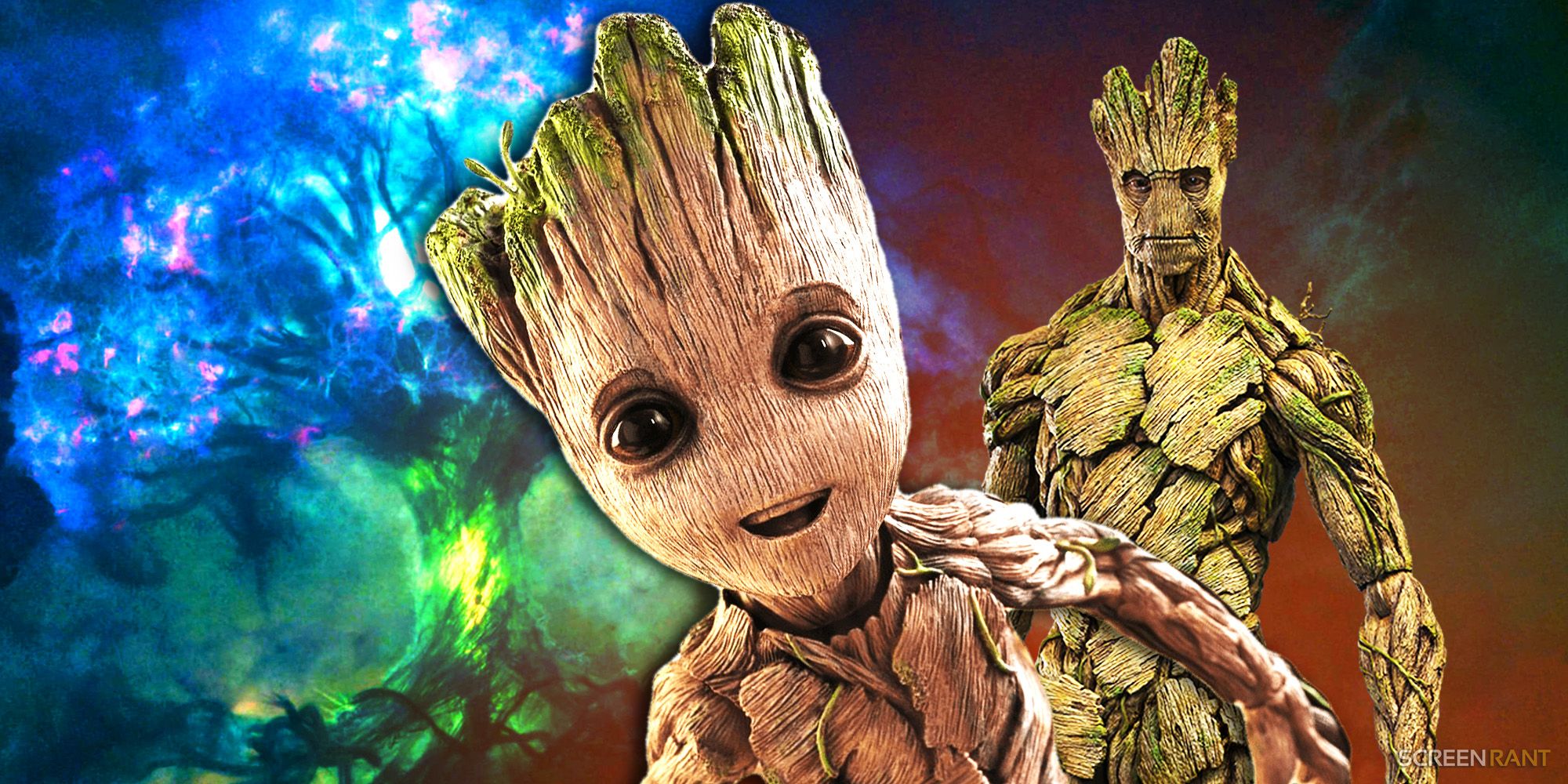 Composite Of Multiverse Tree, Baby Groot And Original Groot