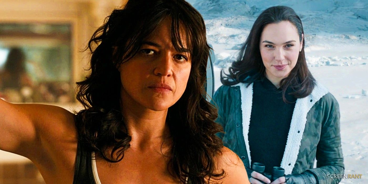 Michelle Rodrigez as Letty angry and Gal Gadot as Gisele smiling in Fast X
