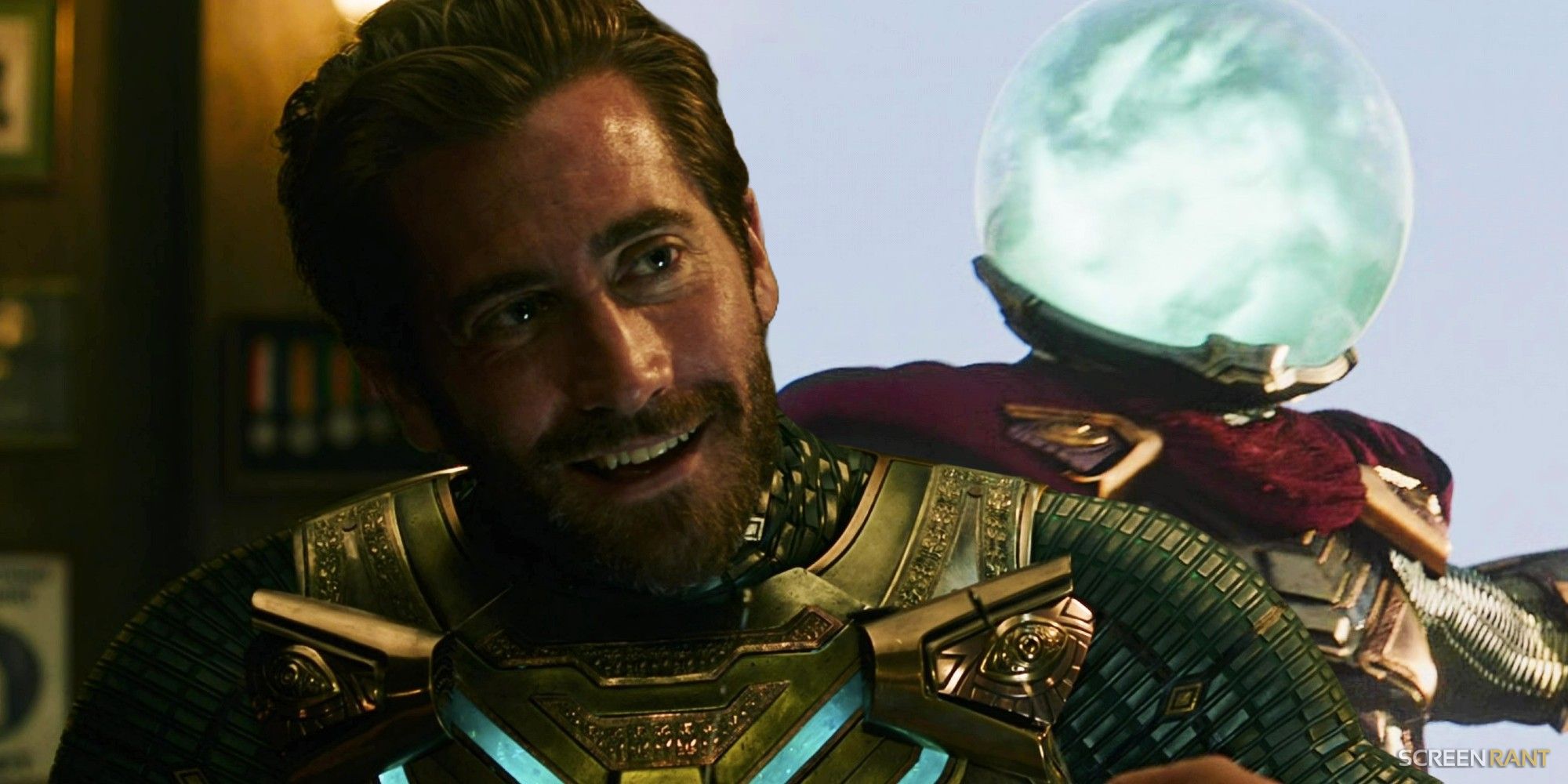 Jake Gyllenhaal as Mysterio in Spider-Man: Far From Home and Mysterio with helmet on