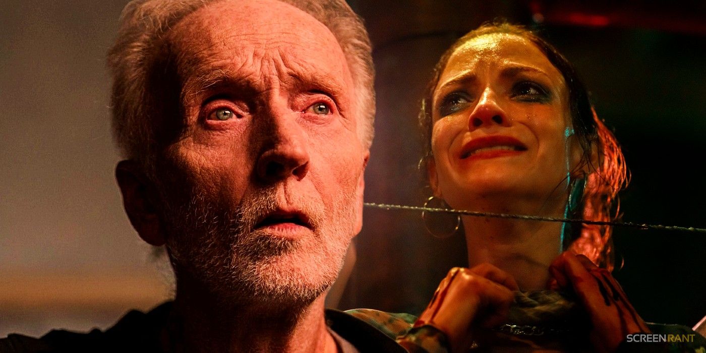 John Kramer in Saw X looks blankly composited over an image of a person in a trap