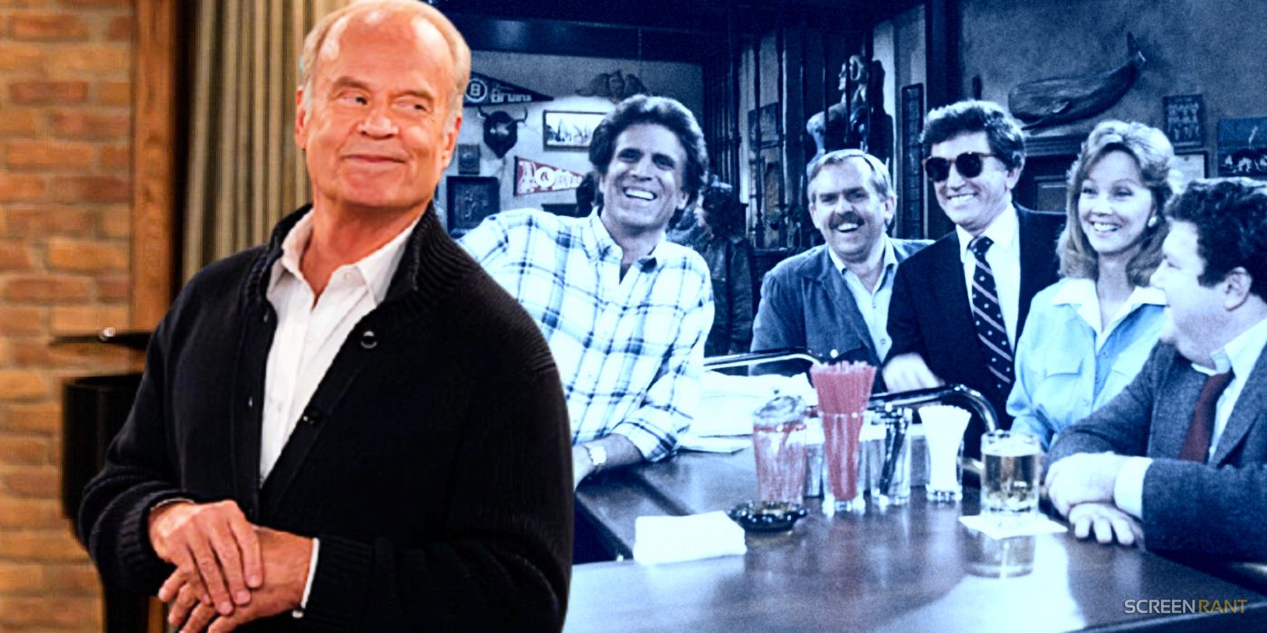 Kelsey Grammer as Frasier in the reboot with the gang at Sam's (Ted Danson) Cheers